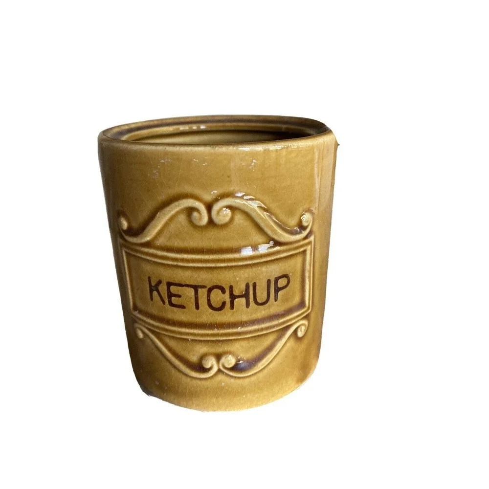 Vintage‎ Brown Stoneware Ketchup Jar With Embossed Design